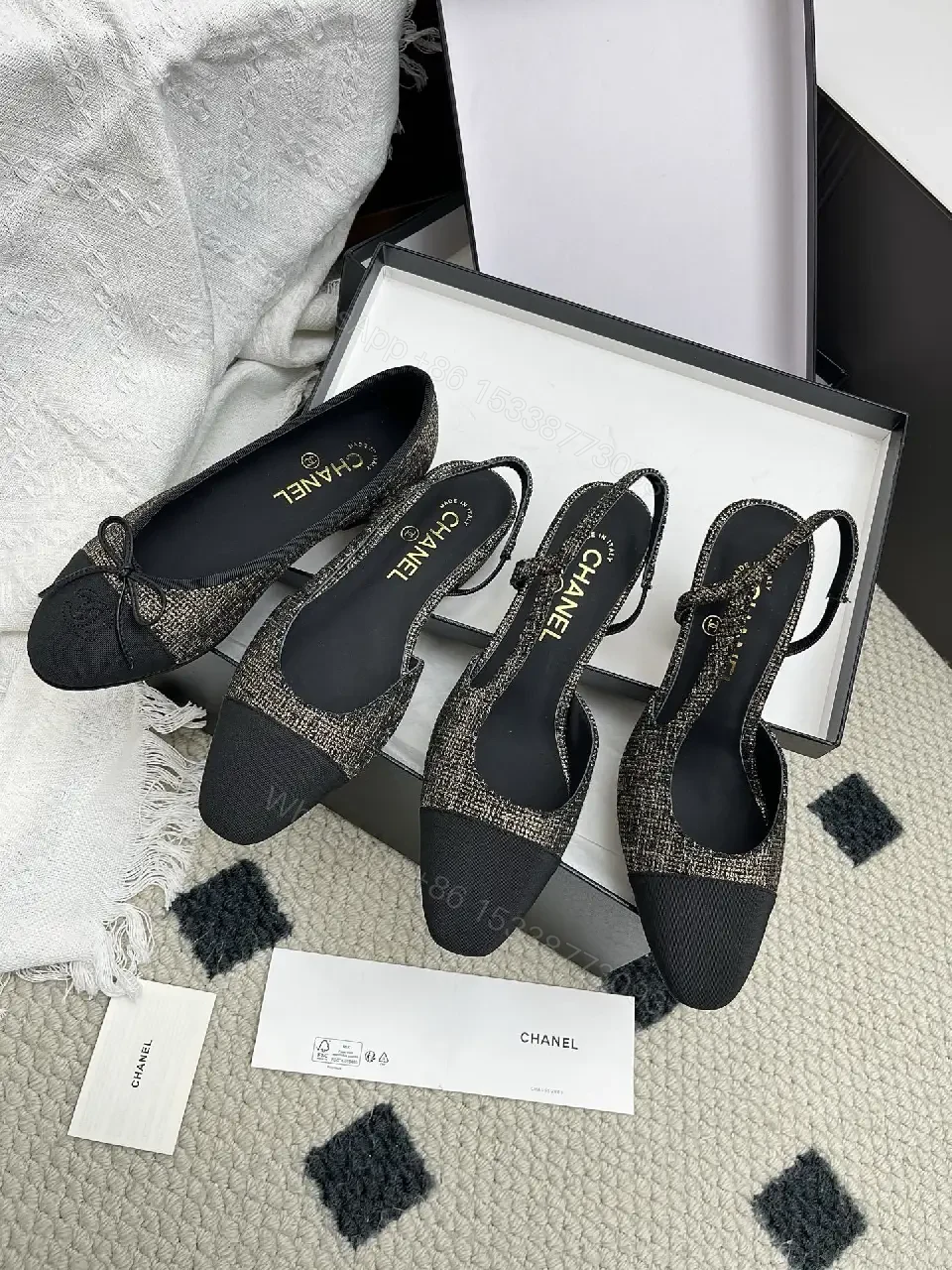 View 7 of Tweed-Textured Flats with Black Cap Toe - Ballet Style, Bowed Details
