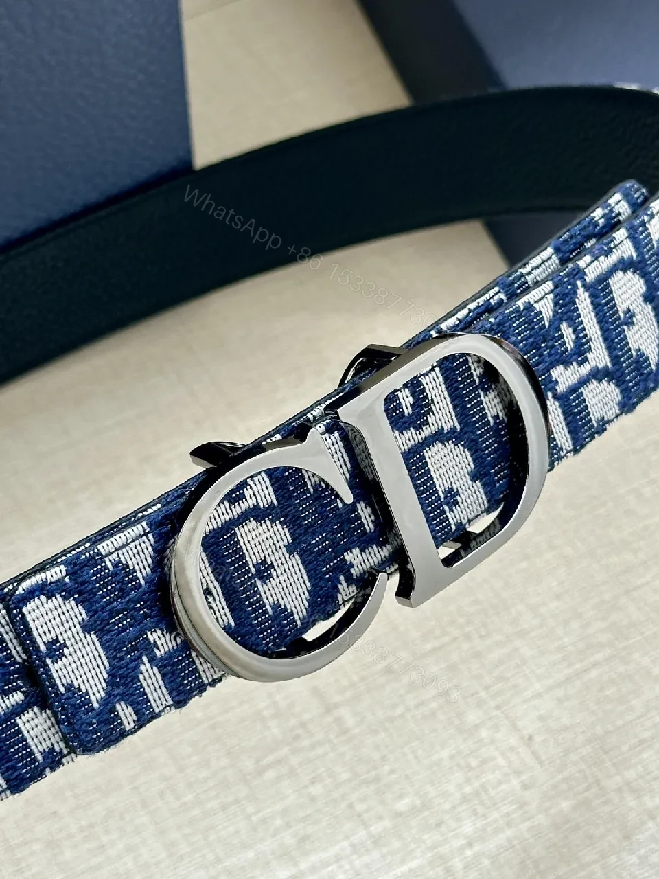 View 9 of Patterned Denim-Inspired Belt with Signature Double-Grommet Buckle