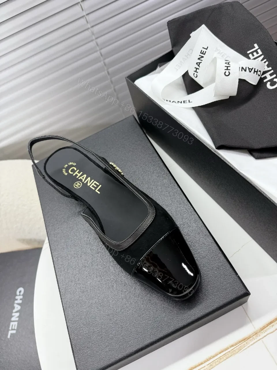 View 2 of Black Satin Slingback Mule with Patent Toe Cap - Elegant Everyday Luxury