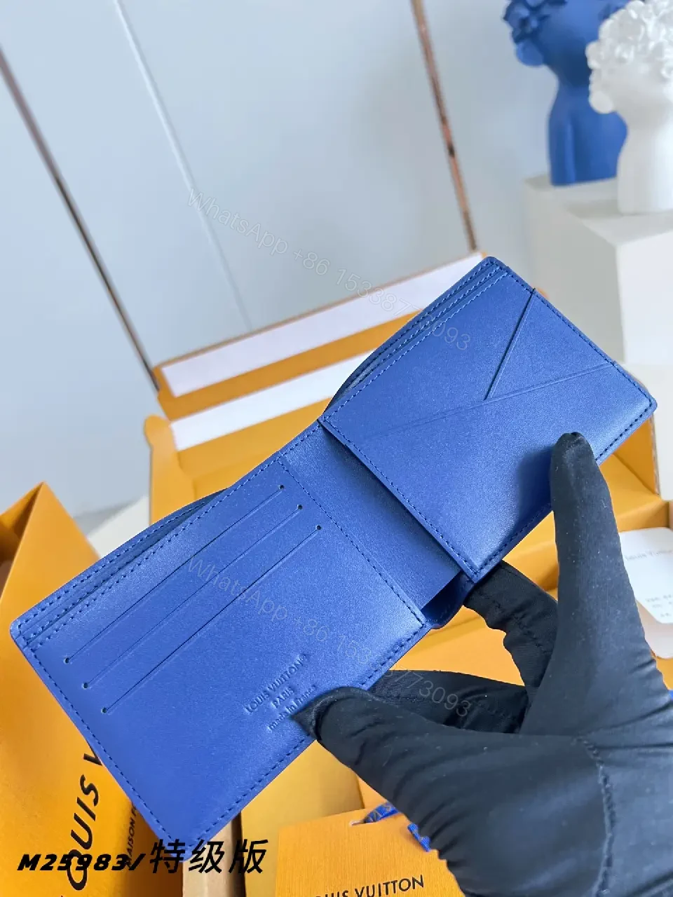 View 7 of Rich Royal Blue Leather Wallet Bi-fold with Orange LV Gift Box