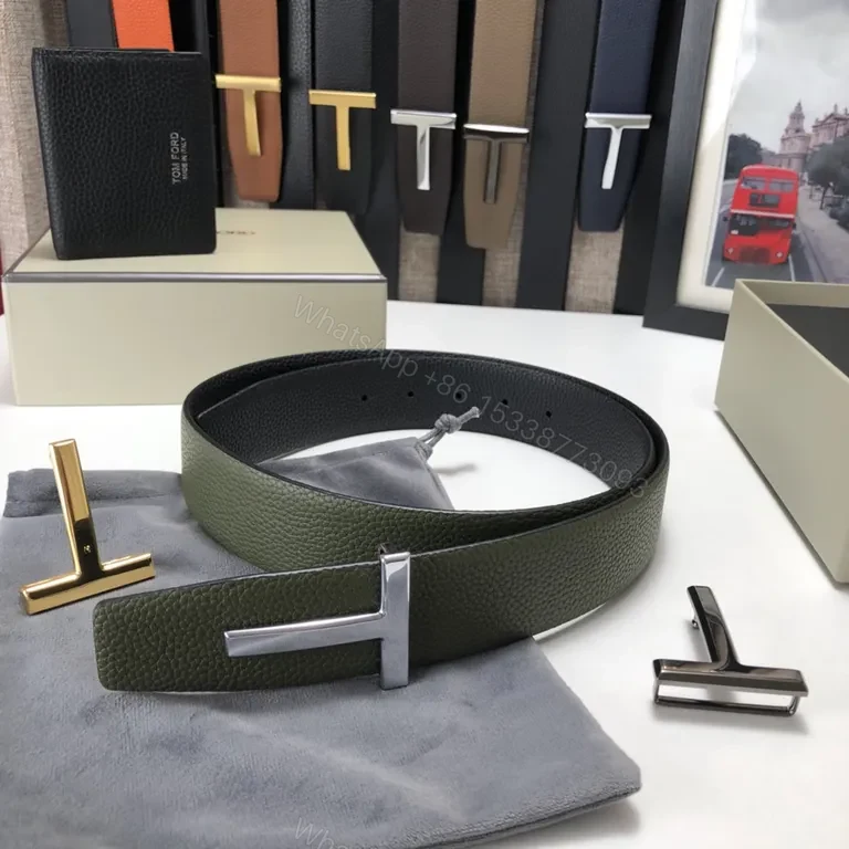 View 7 of Olive Pebbled Leather Belt â€” Bold Gold Buckle, Tom Ford