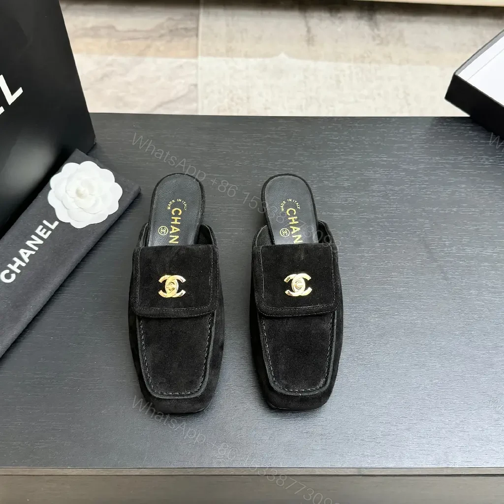 View 10 of Black Suede Slip-Ons with Gold Chanel Logo Moccasins