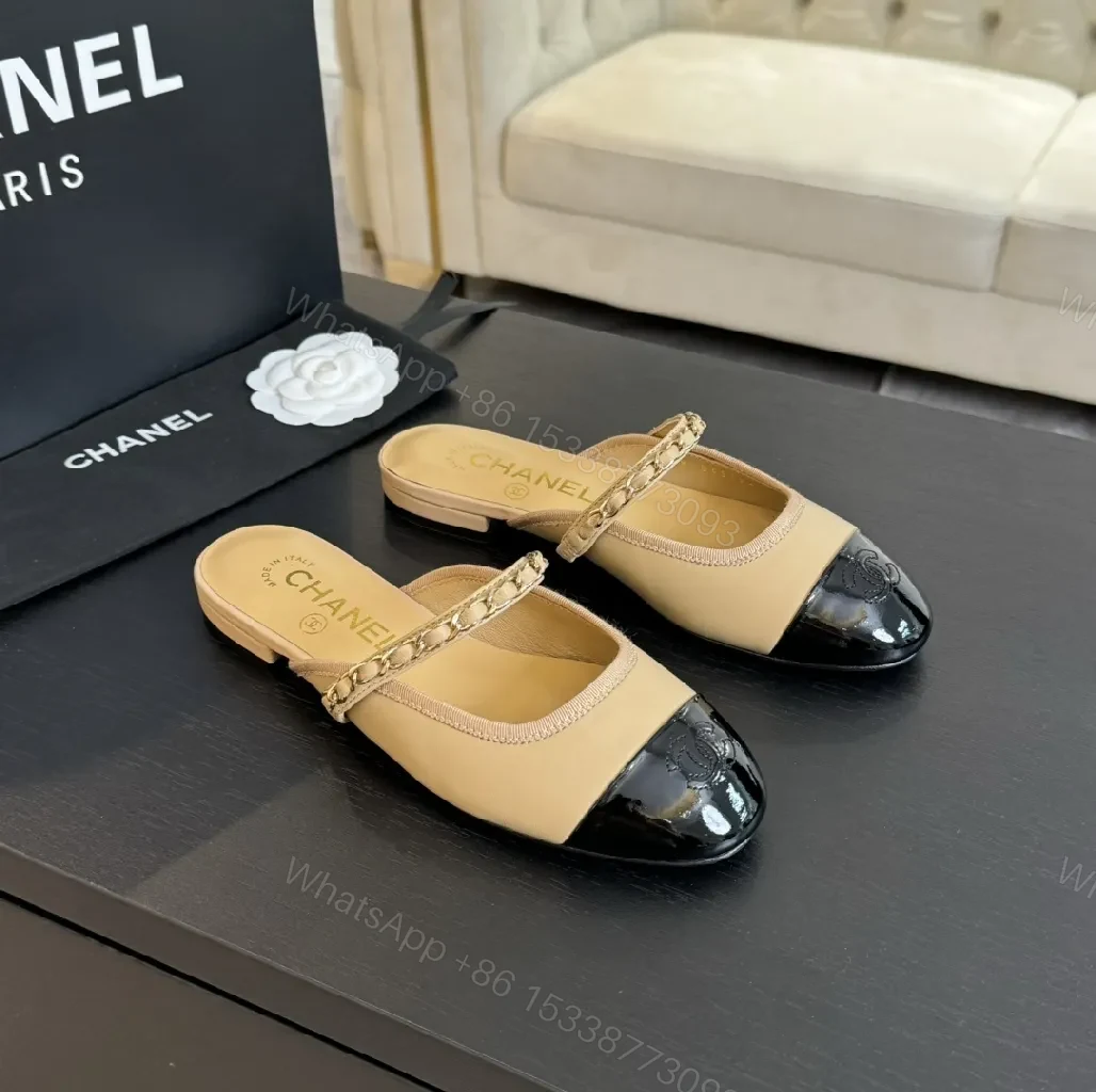 View 9 of Two-Tone Leather Slide with Chain Detail, Luxury Style