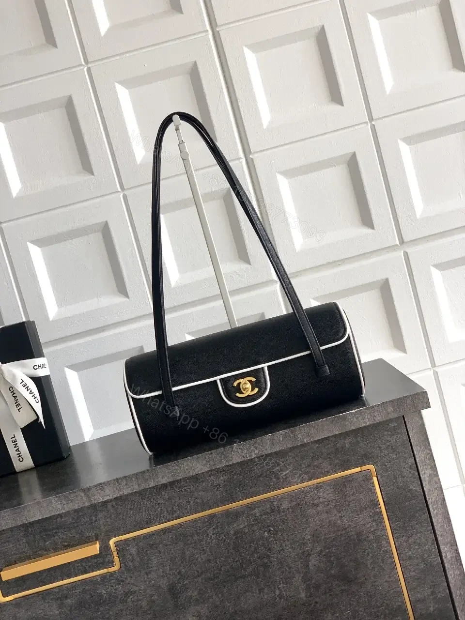 View 10 of Chic Black Leather Flap Bag with White Piping Contrasts