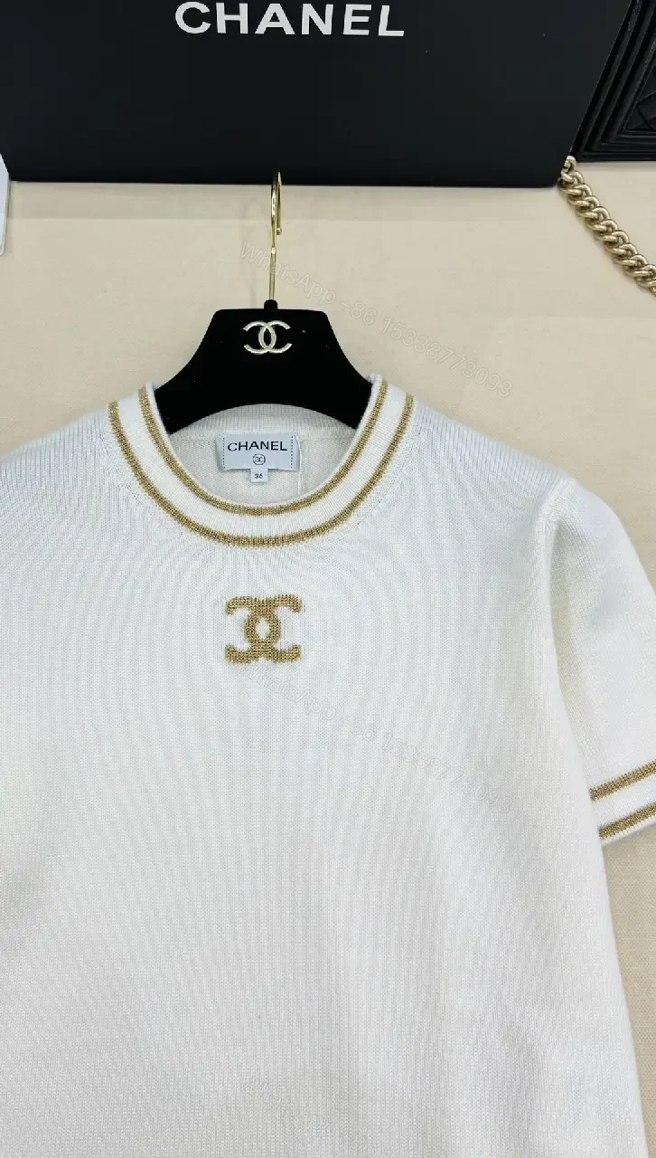 View 4 of Luxury Knit Tee with Gold Chain Trim, White, Modern Fit, premium casual wear