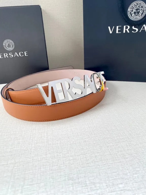 View 2 of Versace Leather Belt with Logo Buckle - Subtle Luxury, Bold Identity