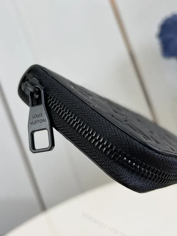 View 7 of Black Leather Monogram Compact Wallet â€“ Luxe, Slim, Top-Zip