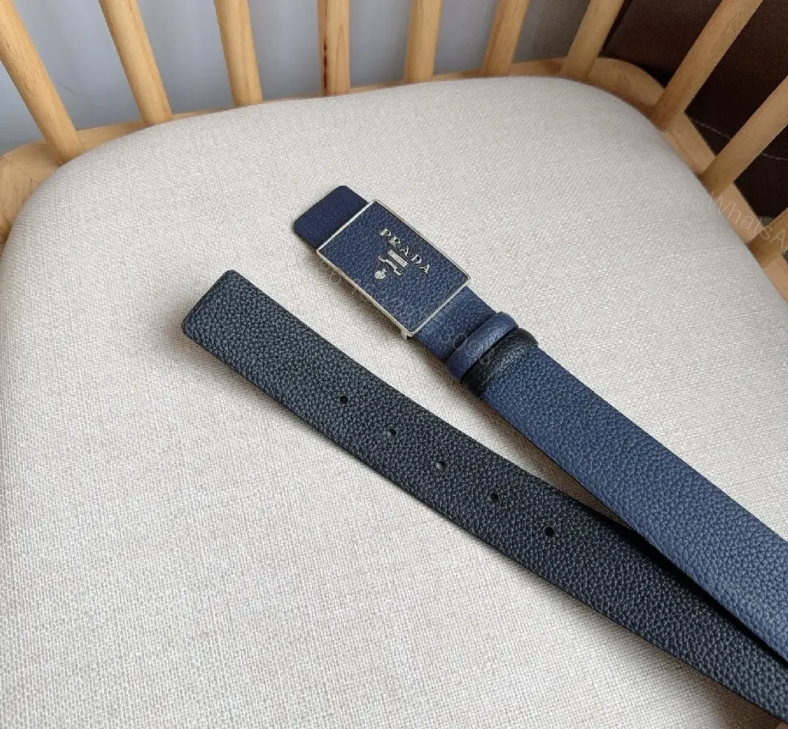 View 4 of Navy Textured Leather Belt with Brushed Metal Buckle