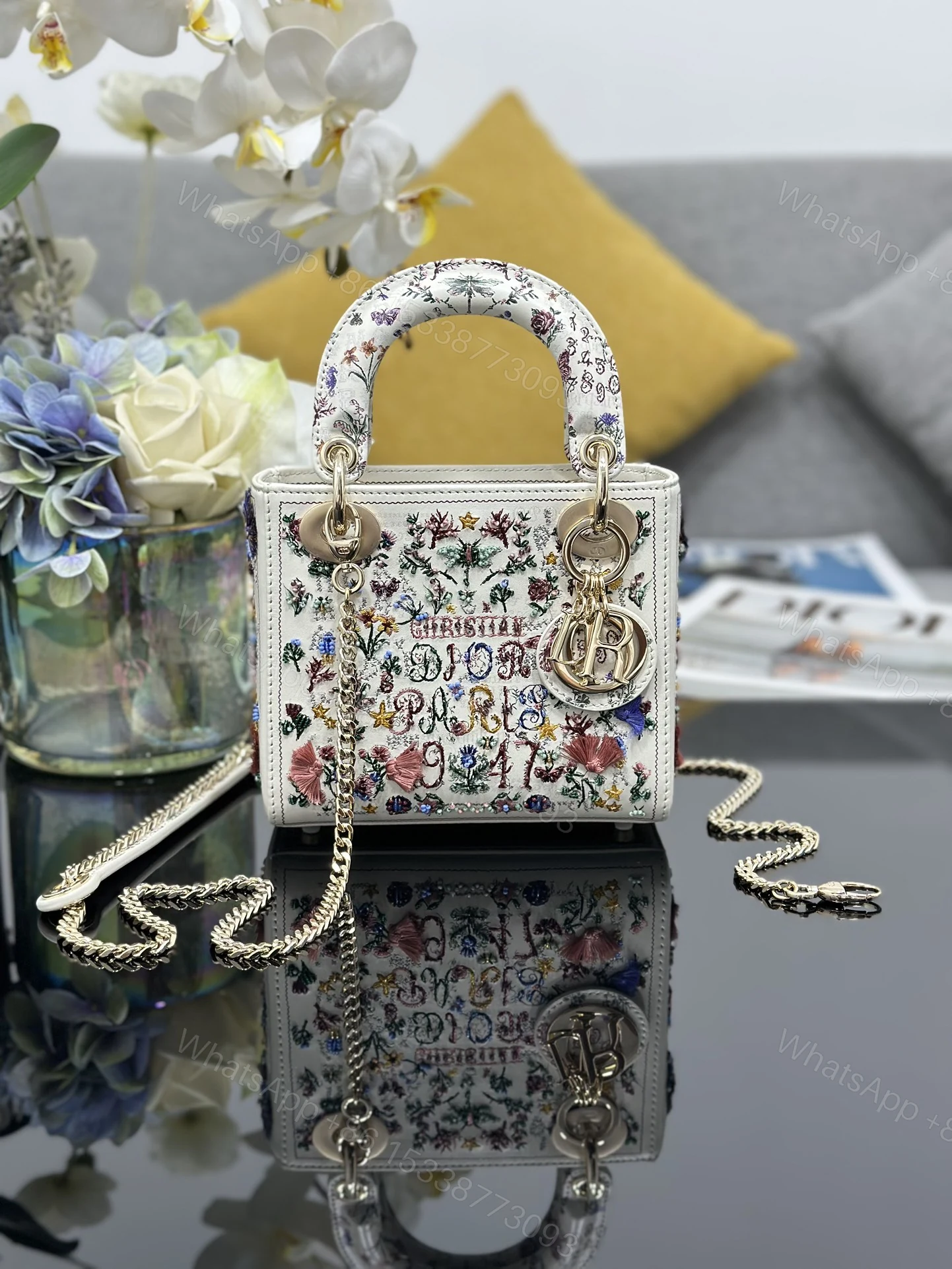 Dior A貨 女款 Lady 白色珍珠格紋手提包 優雅百搭款 — view 1