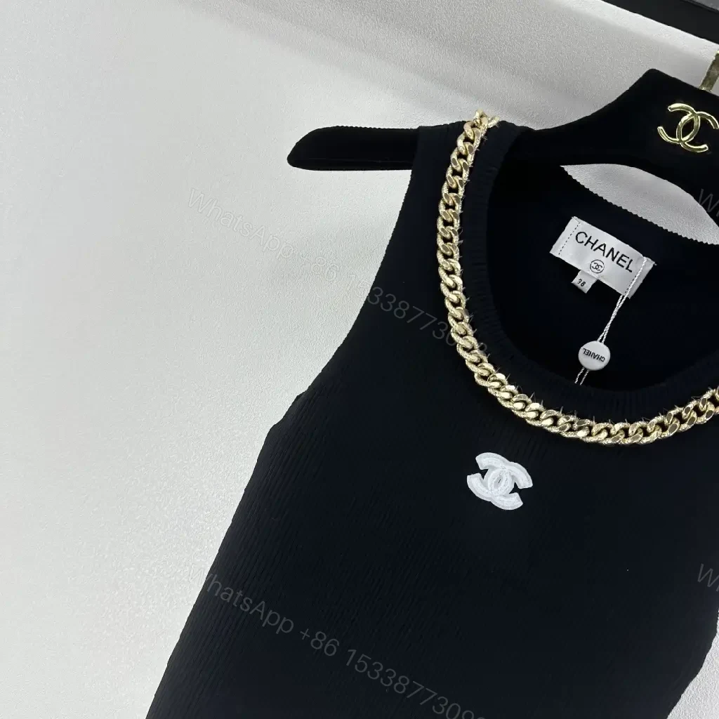 View 3 of Black Knit Tank with Gold Chain - Luxe Statement Top