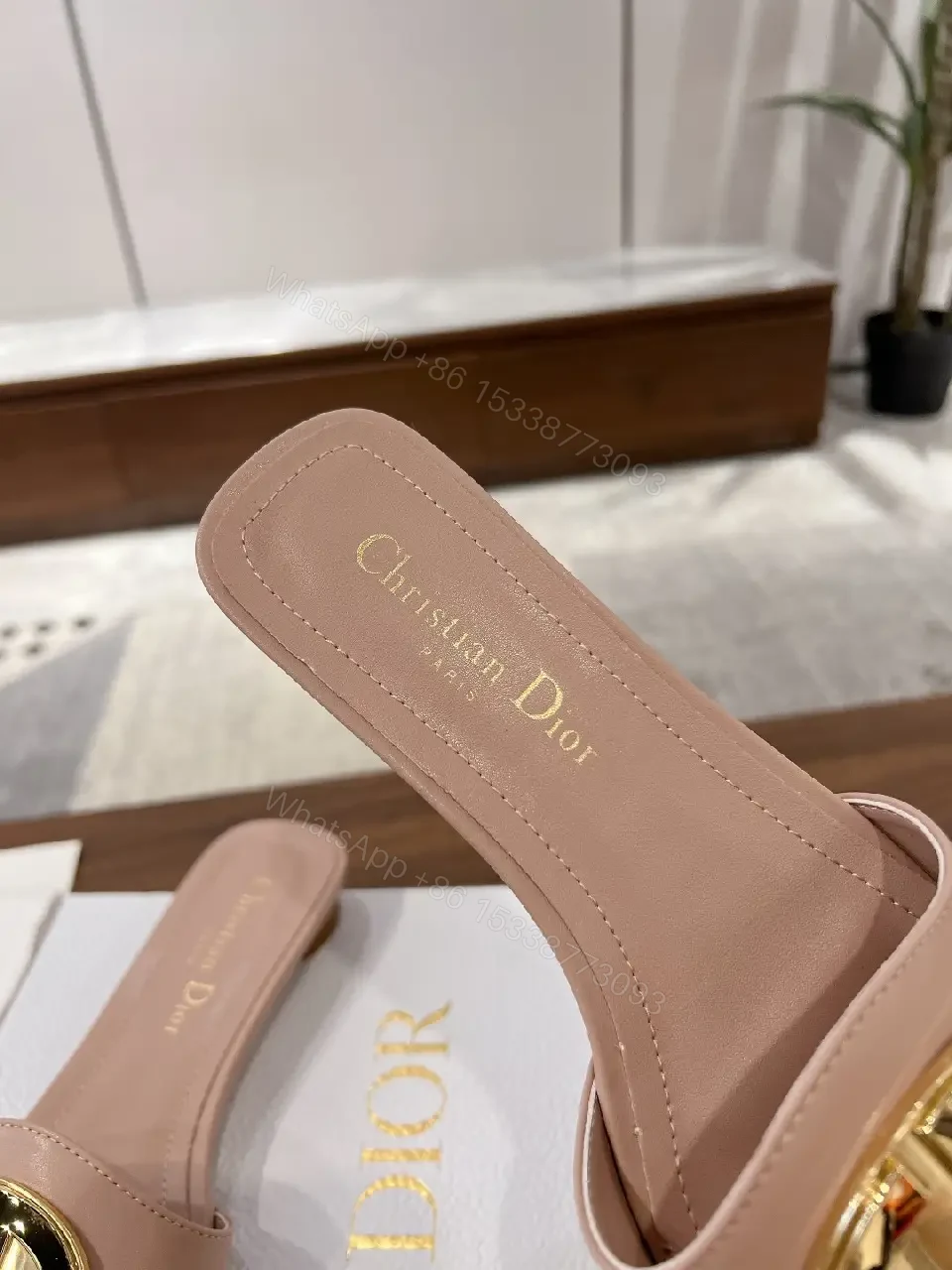 View 3 of Blush Pink Leather Modern Gold Logo Dior Slides