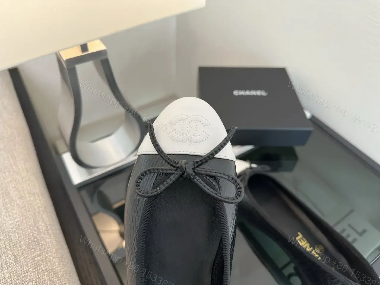View 9 of Black Leather Ballet Flats White Toe Cap Classic Iconic Logo Chanel Ballet Shoes