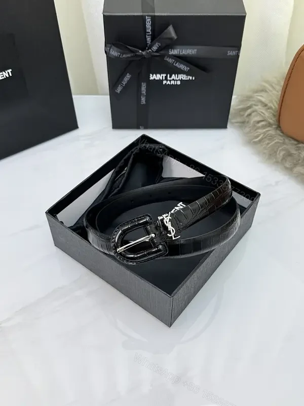 Black Croc-Embossed Leather Belt, Silver Buckle, Elegant Saint Laurent Style — view 1