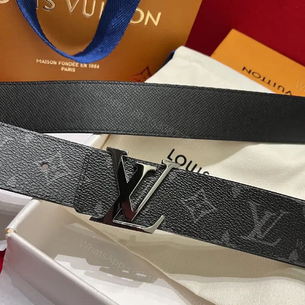 View 7 of Black Leather Modern Luxury Belt with LV Buckle Signature Pattern