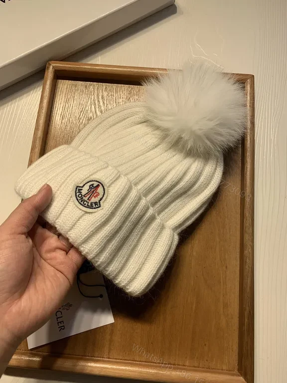 View 6 of Cream Beanie: Wool-Blend Knit with Pom-Pom â€“ Moncler Style