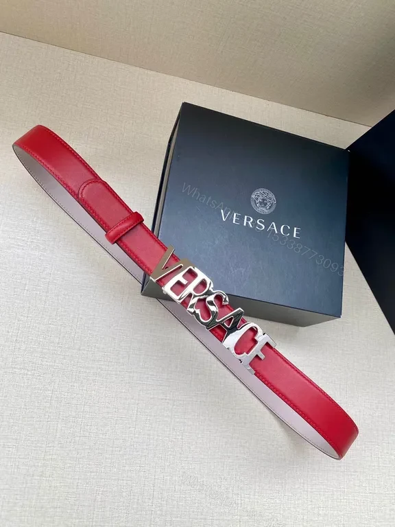 View 8 of Bold Red & Pink Versace Belt with Gold Logo Buckle