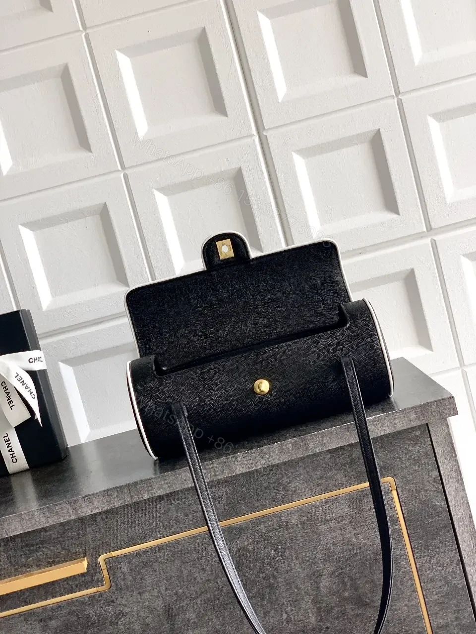 View 9 of Chic Black Leather Flap Bag with White Piping Contrasts