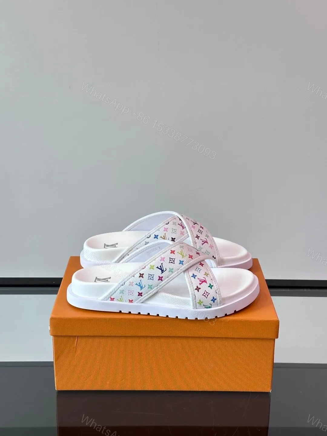 LV Men White Multicolor Leather Slides — view 1