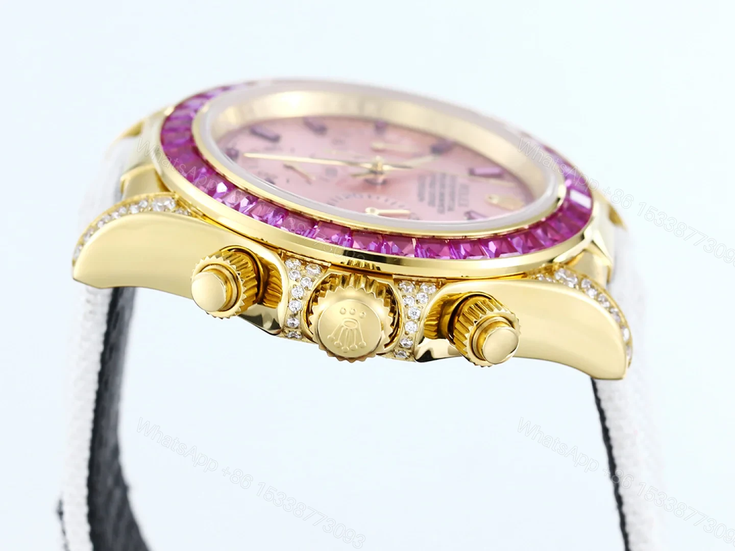 View 6 of Rolex Daytona Pink Ruby White Strap Replica 43MM Exclusive Gold Case Edition RG-ROLEX-DAYTONA-PINK-RUBY-WHITE-43