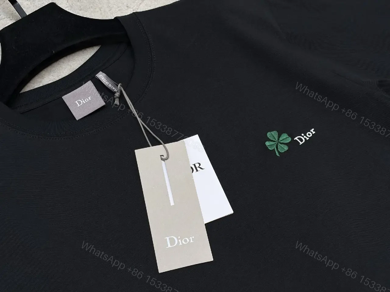 View 9 of Black Cotton T-Shirt with Green Clover Embroidery, Dior-inspired Style, Logo Feature, T-Shirt