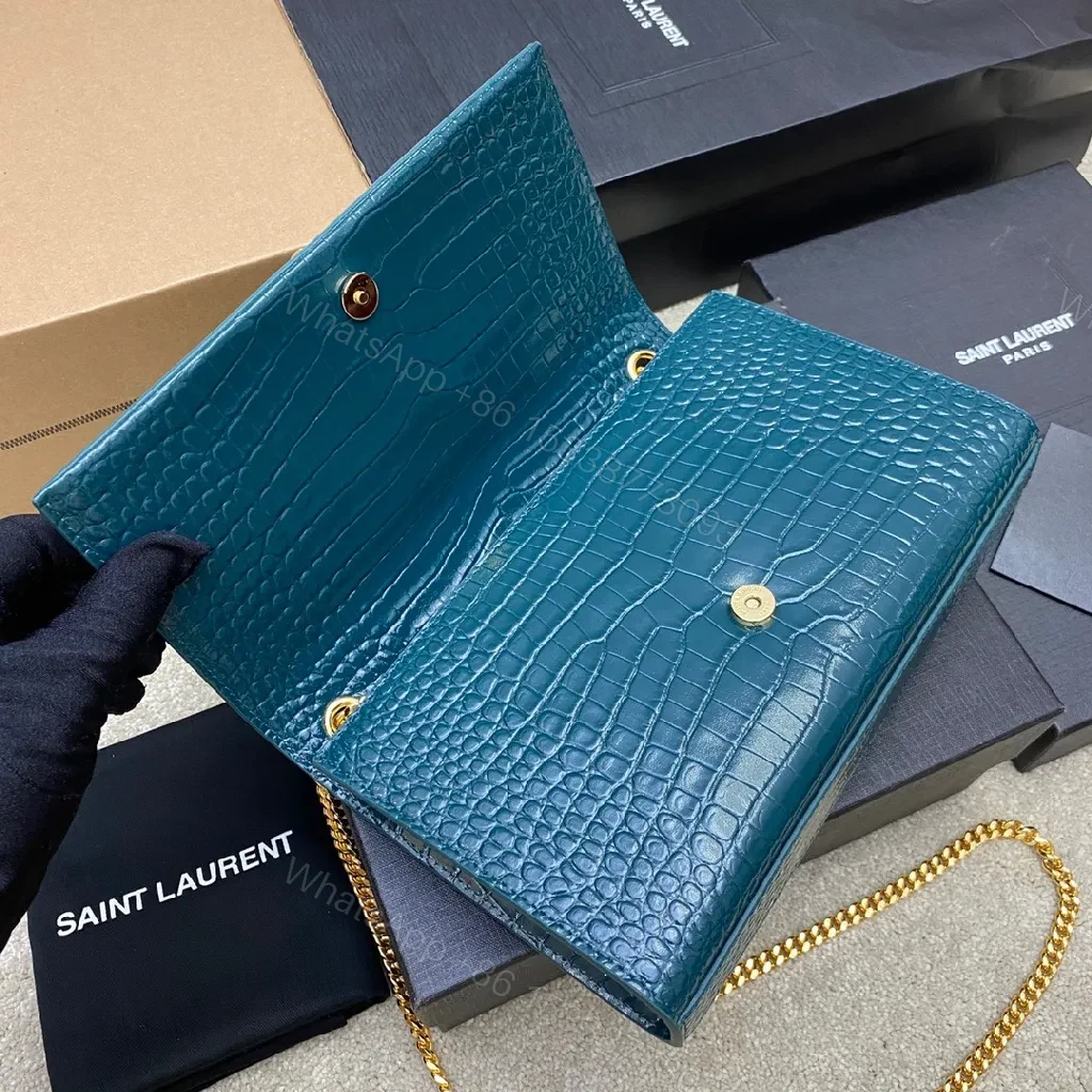View 4 of Teal Croc-Texture Evening Bag with Gold Monogram Clasp