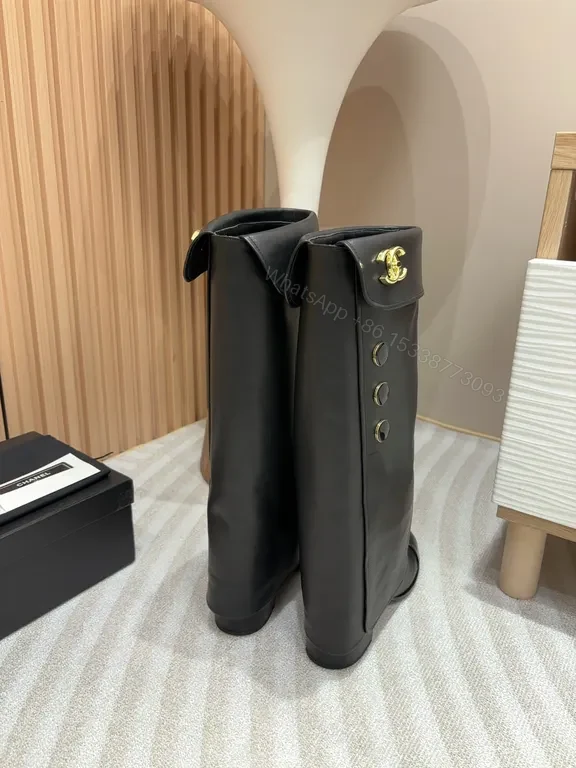 View 9 of Bold Faux Leather Knee-High Boots with Gold Hardware