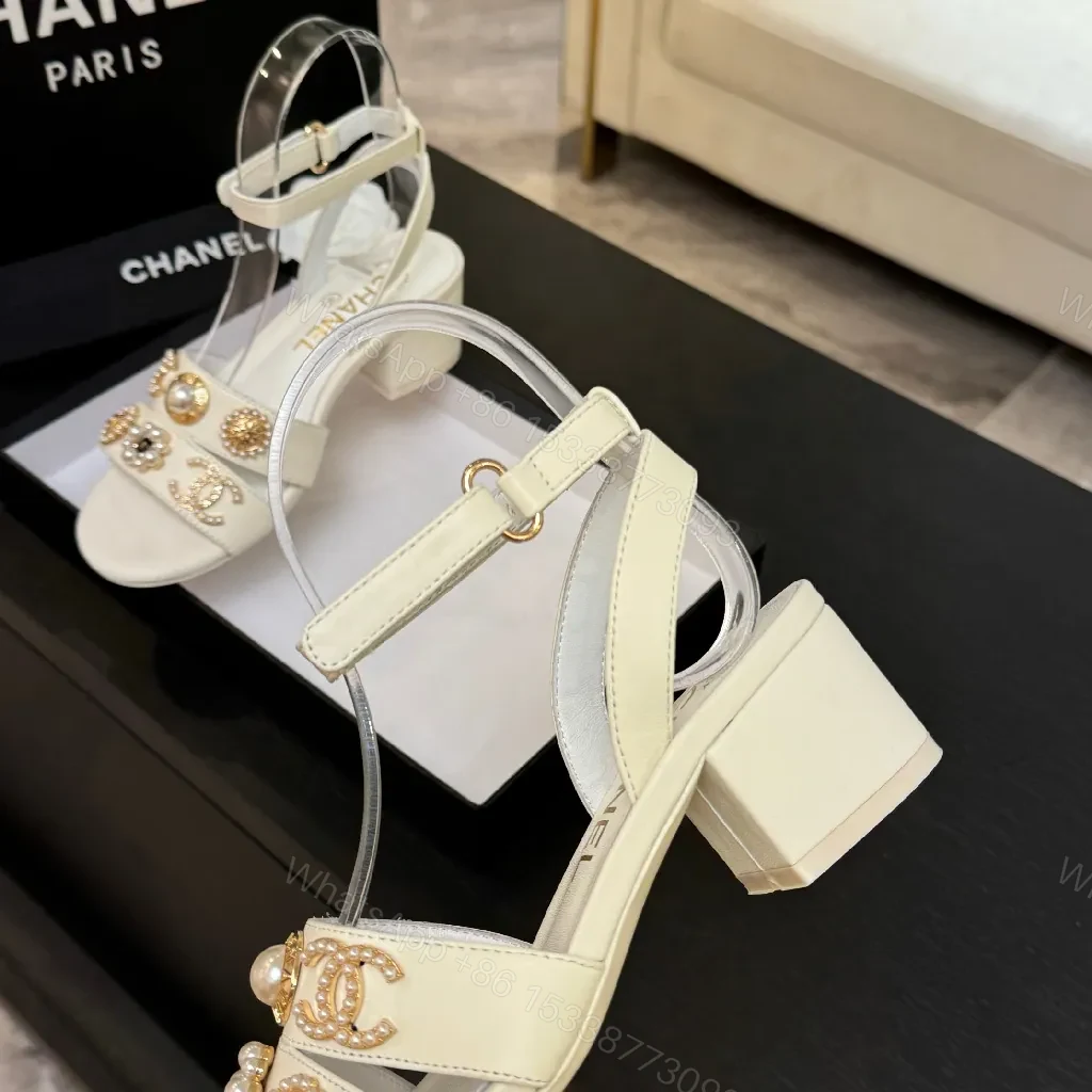 View 8 of Ivory Leather Block-Heel Sandals with Gold Embellishment