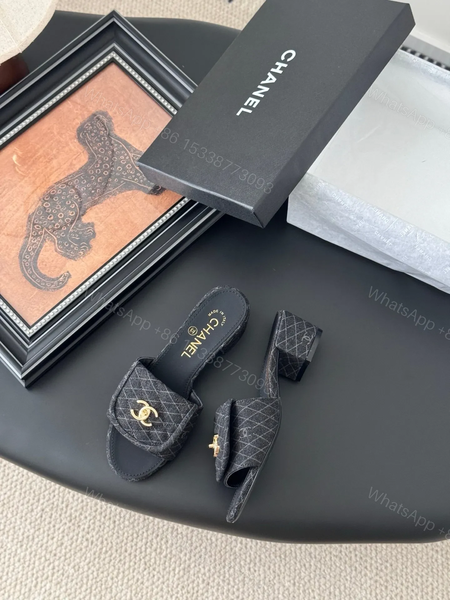 View 5 of Chanel Women Black Quilted Fabric Slides