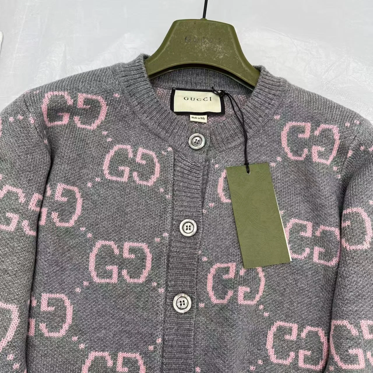 View 4 of Gucci Gg Monogram Knit Cardigan In Grey With Pink