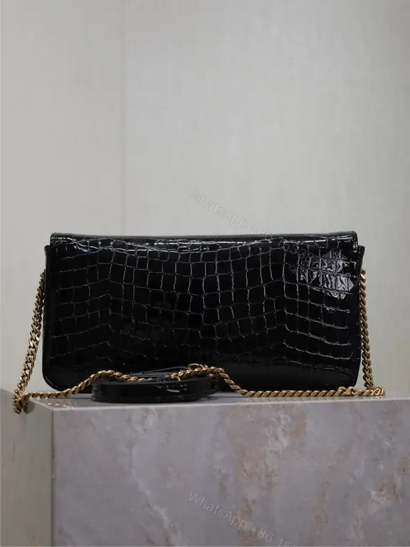 View 9 of Croc-Effect Black Leather Bag with Gold YSL Chain Strap