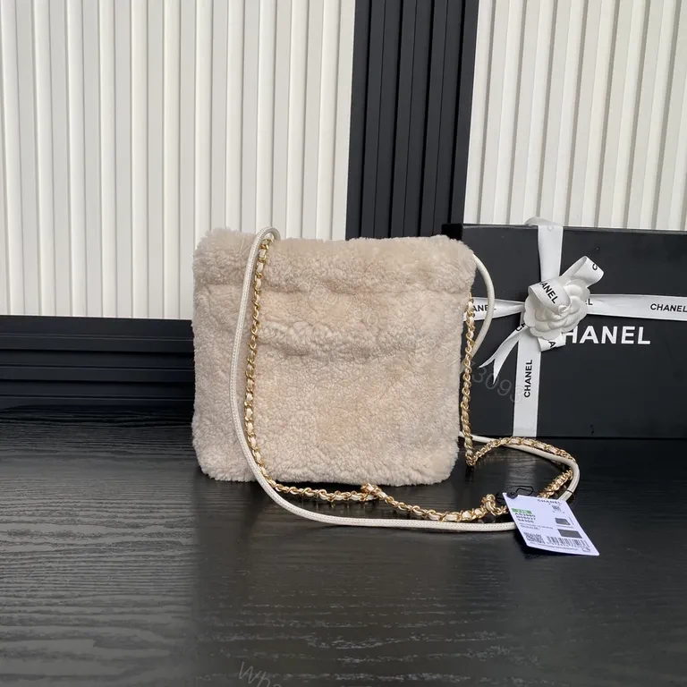 View 4 of Cream Sherpa Mini Bag with Gold Chain - Chanel-Inspired Luxe