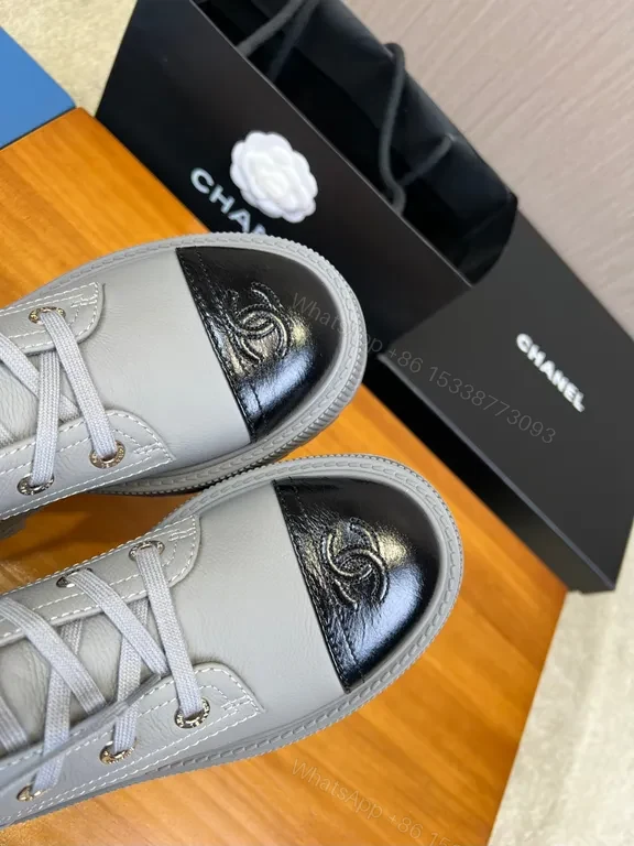 View 5 of Chanel-Inspired Gray Lace-Up Boots with Black Cap Toe