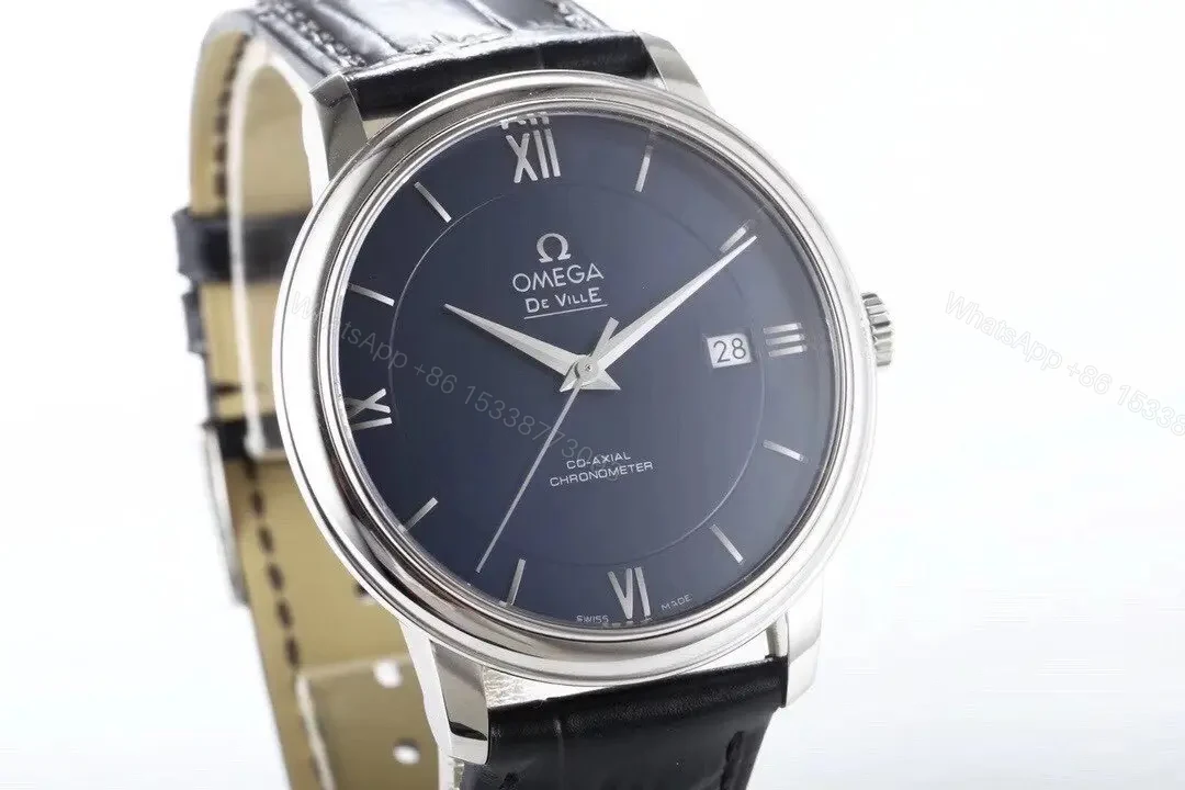 View 2 of Omega De Ville Prestige Replica Watch Blue Dial Silver Case Black Leather Strap