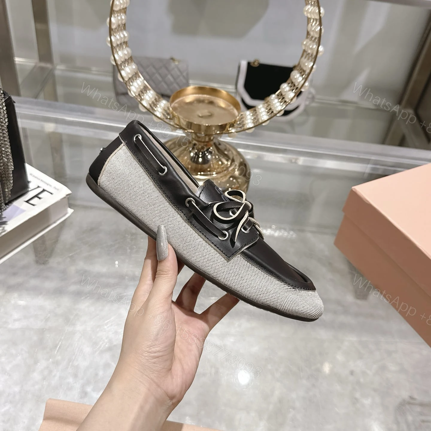 View 4 of MIUMIU CANVAS AND BLEACHED BOAT SHOES BLACK