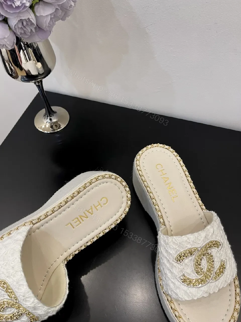 View 2 of White Textured Slide Sandals with Gold Logo, Open-Toe Mule Product