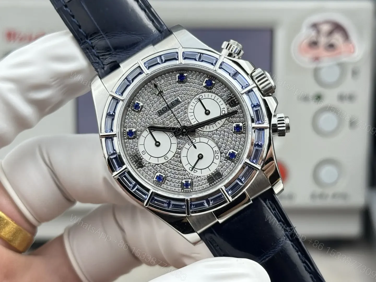 Premium Rolex Daytona Blue Sapphire Pave Dial replica 40MM Blue Leather Strap Edition RG-DAYTONA-16589-BLUE-SAPPHIRE-PAVE-LEATHER — view 1