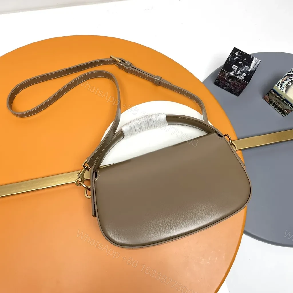 View 8 of Taupe Leather Saddle Bag with Subtle Designer Hardware
