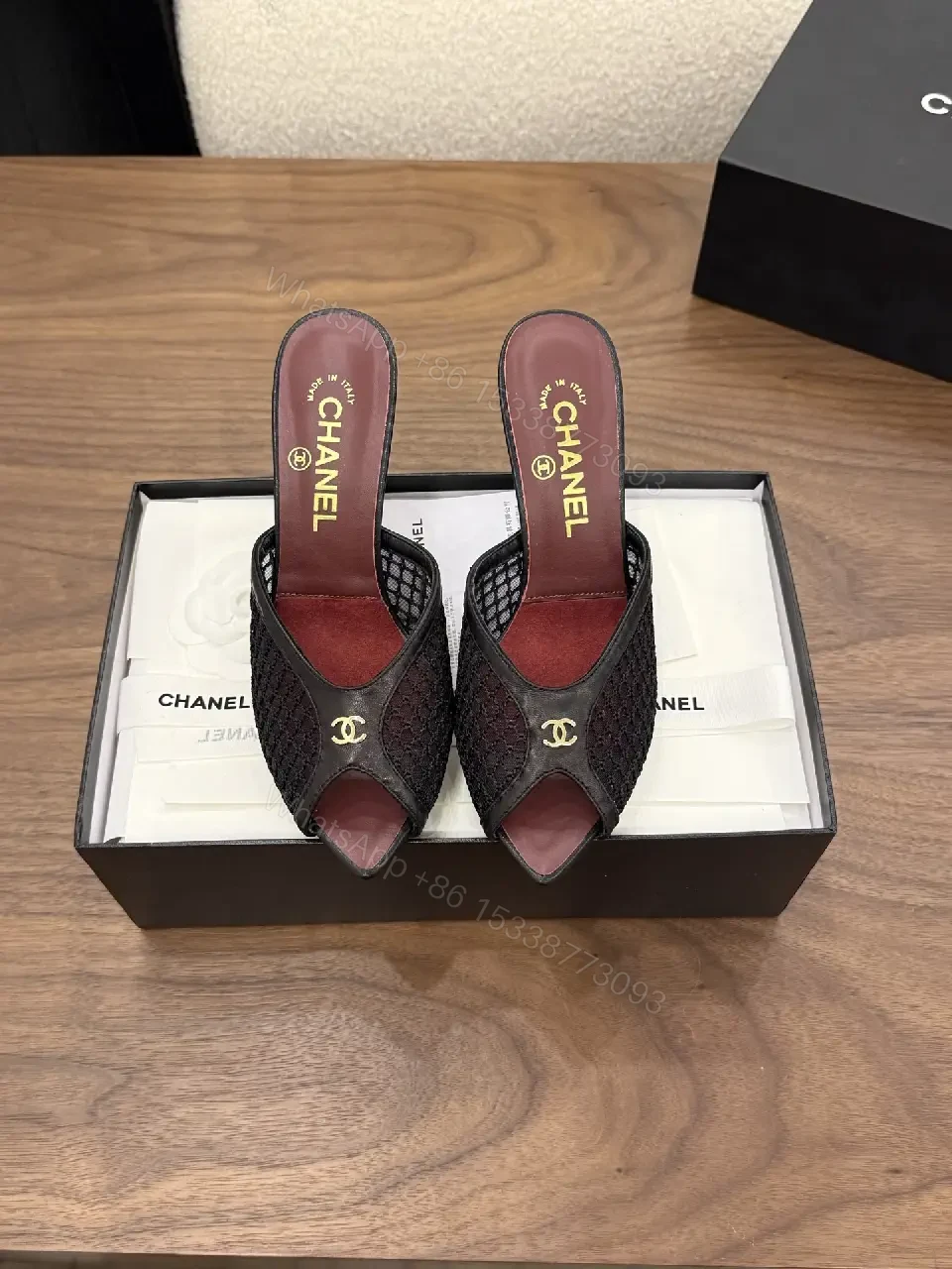 View 2 of Black Mesh Leather Mule Chanel Style Heels