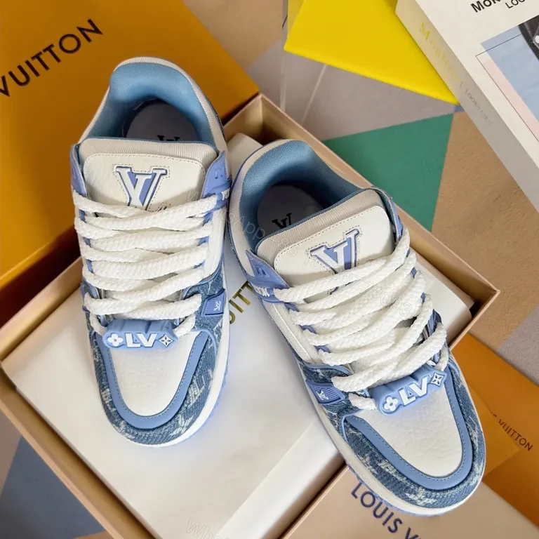 View 3 of Louis V Luxe High-Top Sneakers: Light-Blue Leather with LV Details