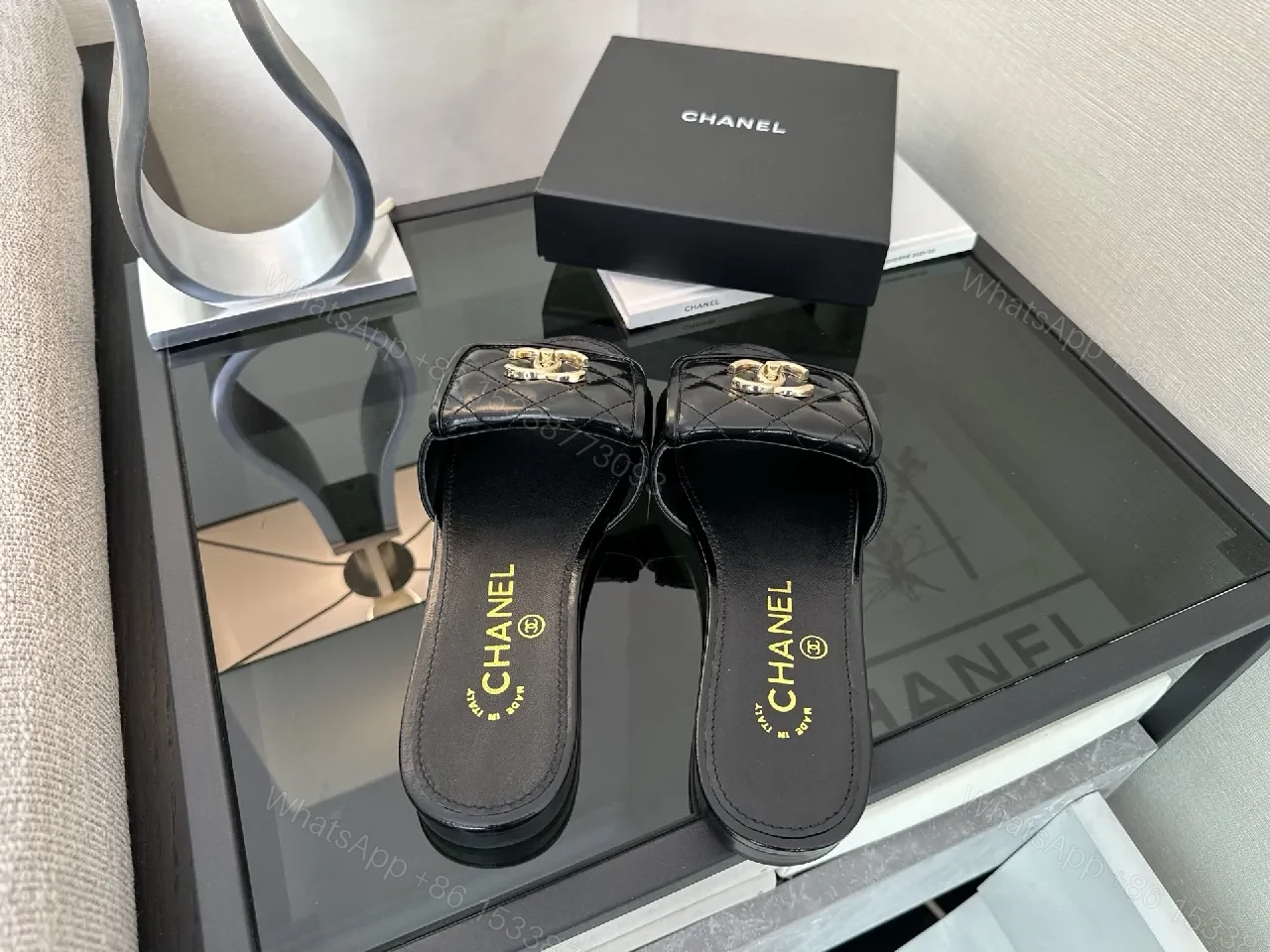 View 5 of Black Quilted Slide with Gold Logo — Luxe Comfort Slide