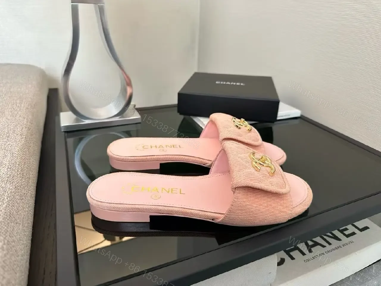 View 7 of Soft Pink Slip-On Sandals with Gold Logo – Luxury Comfort