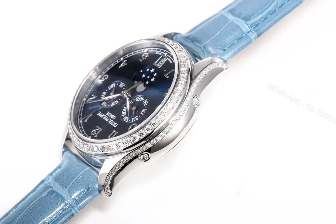 View 6 of Patek Philippe Complications Collection Annual Calendar Moon Phase Women’s Watch in Blue with Diamond Set Case 38mm Italian Leather Strap