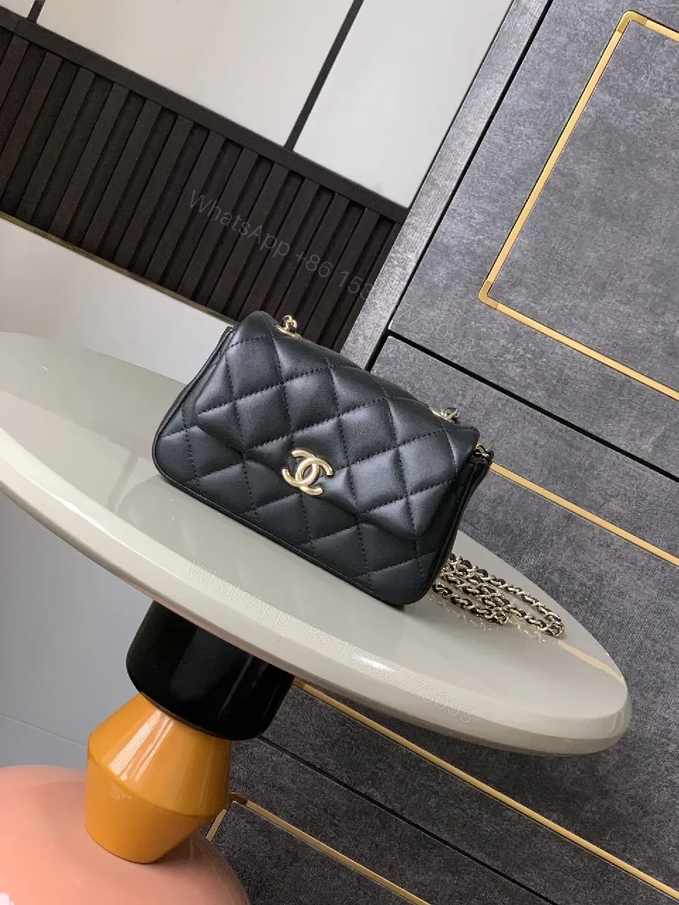 Compact Quilted Leather Crossbody with Gold Logo Crossbody Bag — view 1
