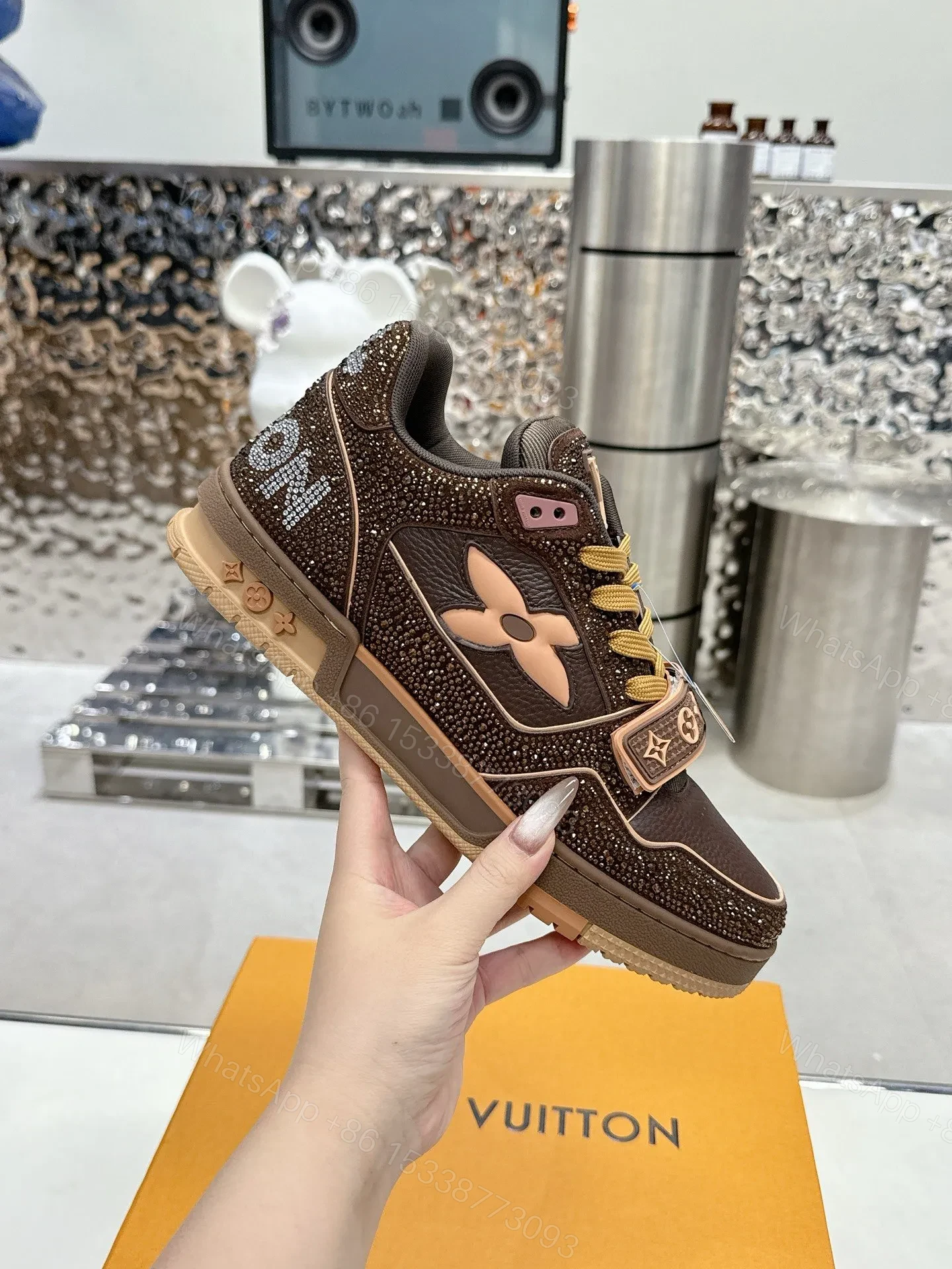 View 6 of LV Women Brown Leather Sparkle Strap Sneakers