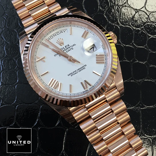View 9 of Rolex Day-Date 228235 KW Rose Gold White Dial Replica