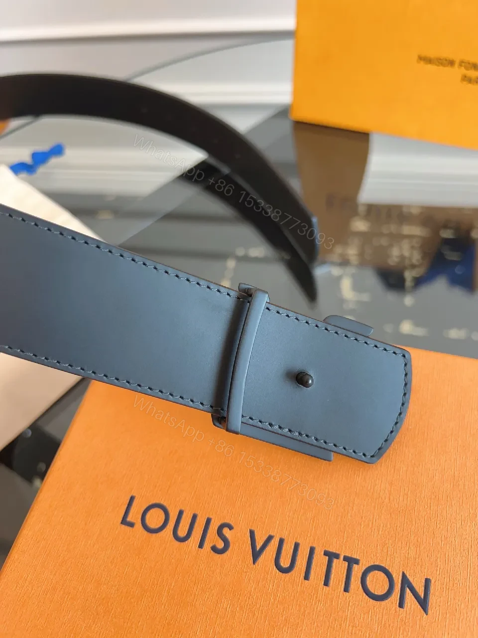 View 6 of Black Monogram Belt: Signature Buckle, Full-Grain Leather