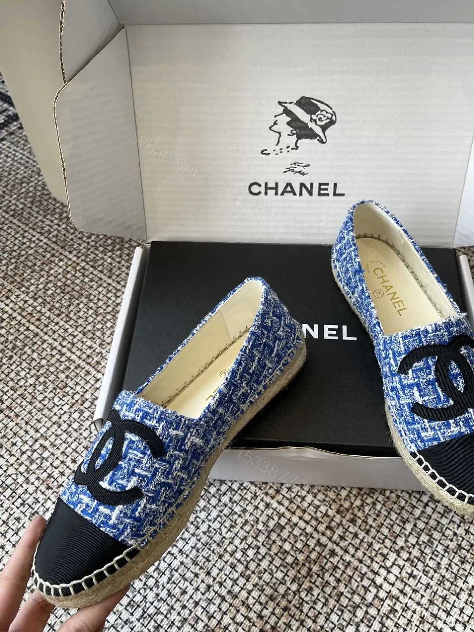 View 2 of Blue Tweed Espadrilles with Logo Accent, Luxury Flat