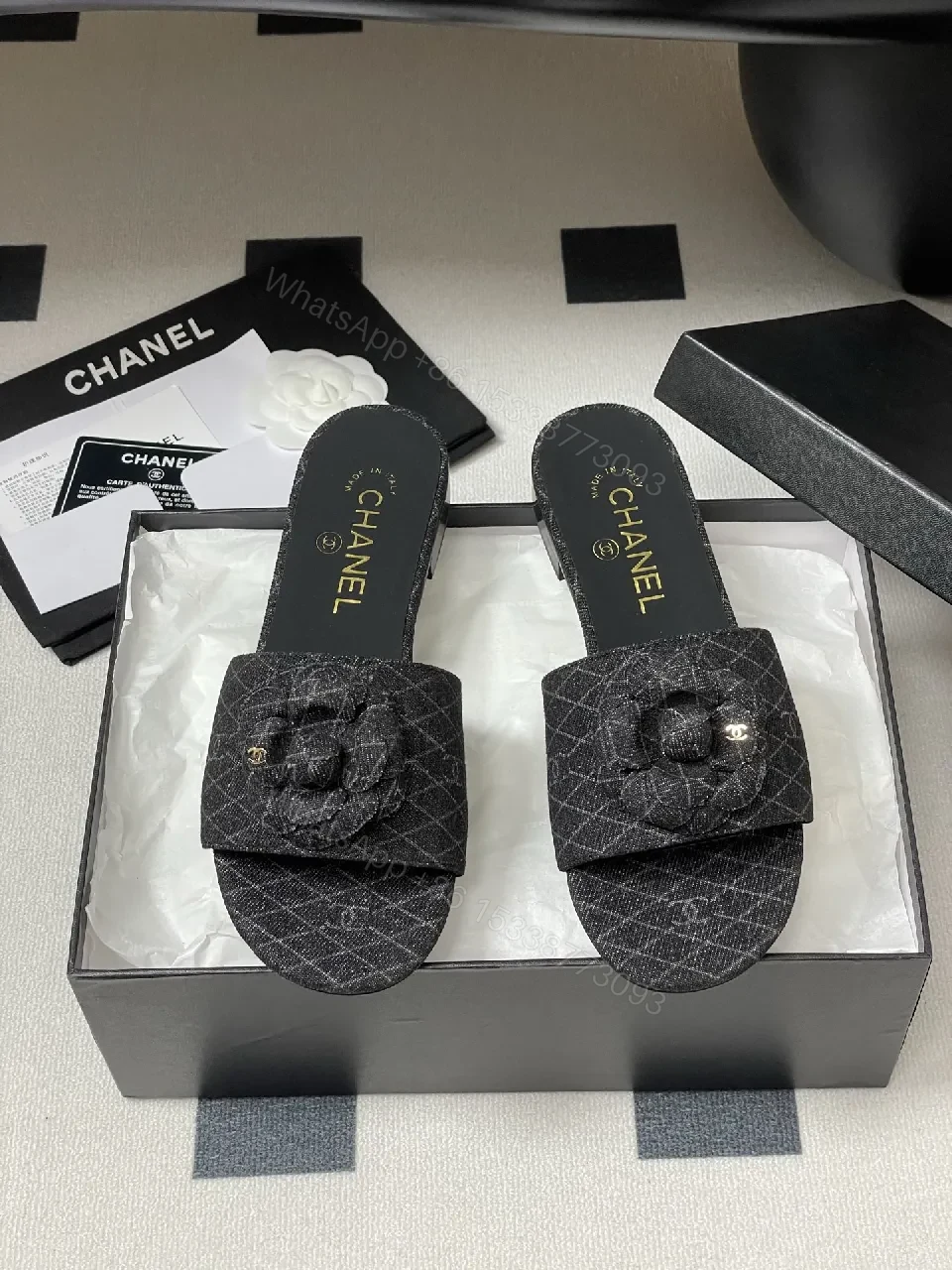 View 4 of Quilted Tweed Slides with Camellia Charm, Open-Back Luxury