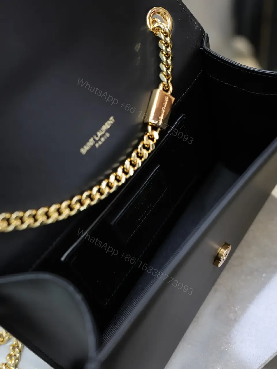 View 4 of Black Leather Bag with Gold YSL-Inspired Logo, Compact, Everyday Glam