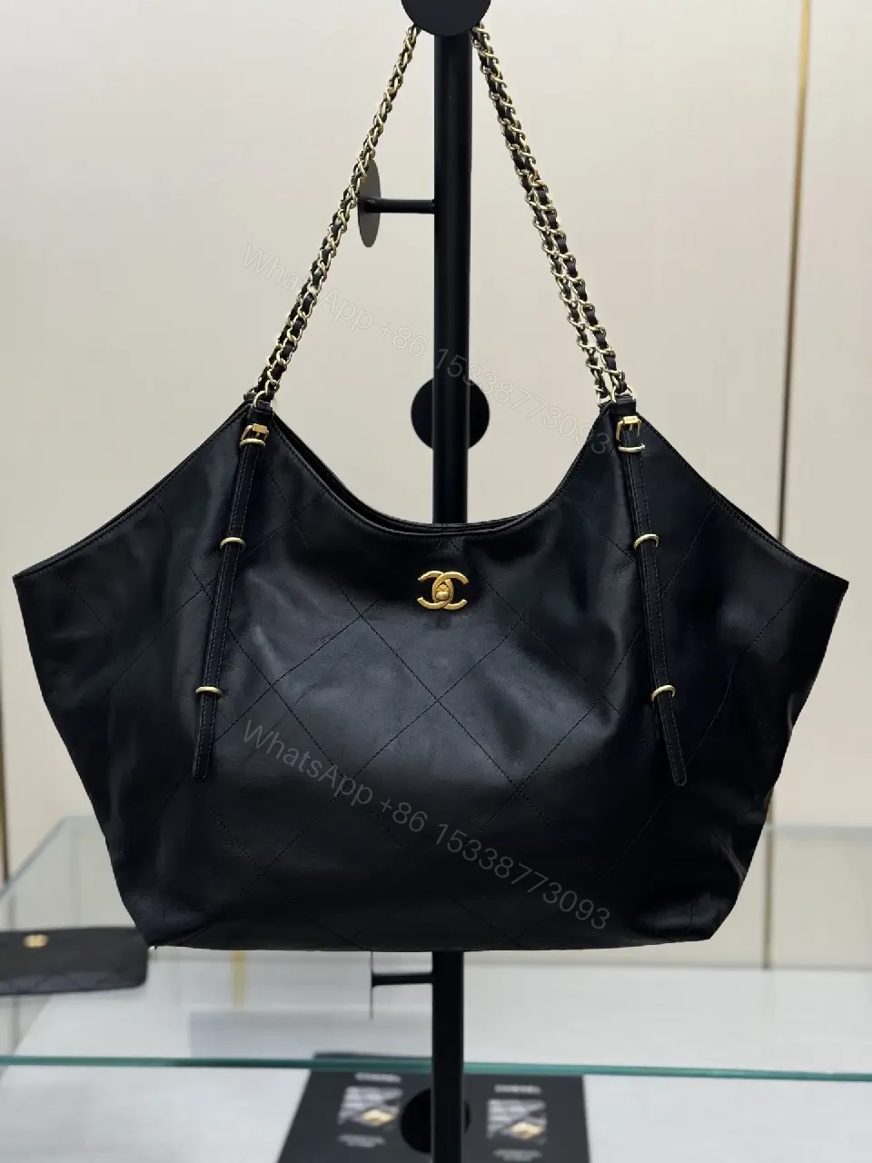 View 3 of Quilted Tote Black Leather-Style, Dual Chain, Luxury Tote
